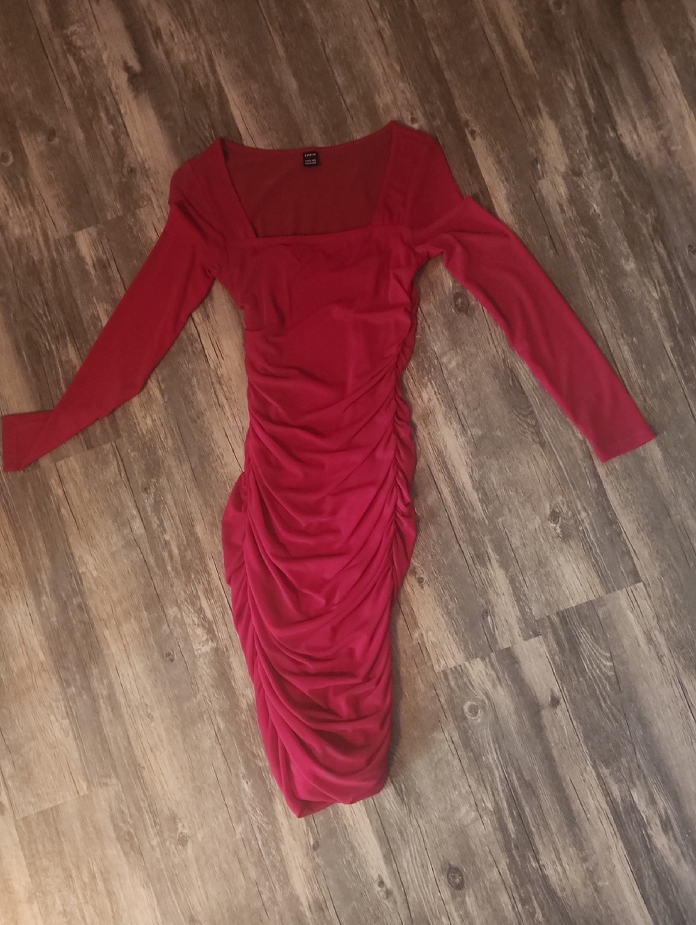 Ruched Long-Sleeve Square Neck Dress - Red